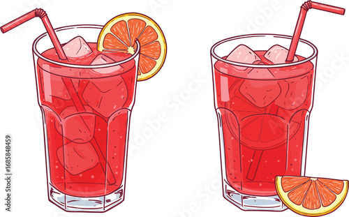 two glasses filled with red juice ice cubes orange slices
