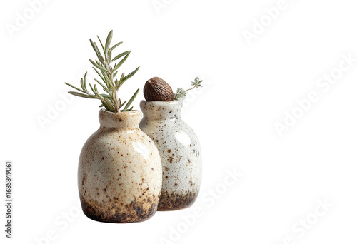 Two small, speckled ceramic vases, light beige and tan, with dark brown speckles.  Small succulent plant sprigs and a dark brown seed pod or nut rest in one
