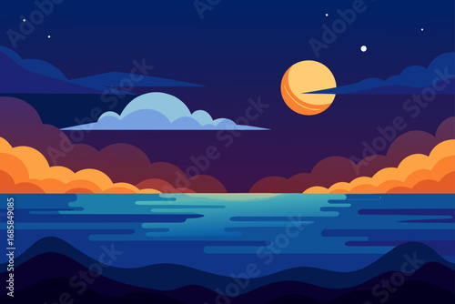 Moonlight illuminates the serene night landscape with gentle waves lapping the beach