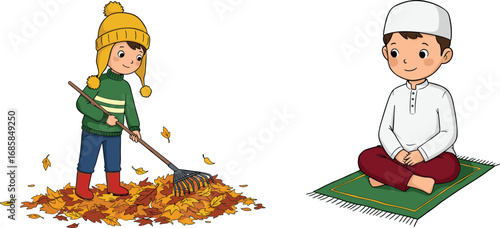 Illustration of boy raking autumn leaves and Muslim boy sitting on prayer mat, perfect for education, religion, and seasons themes.