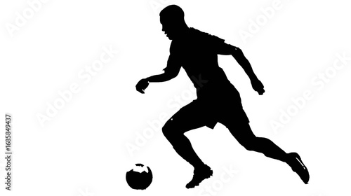 Silhouette of a male soccer player dribbling a ball.