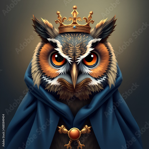 AI generated illustration of a serious owl in royal a cape