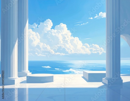 Tranquil white colonnade overlooking the sea
