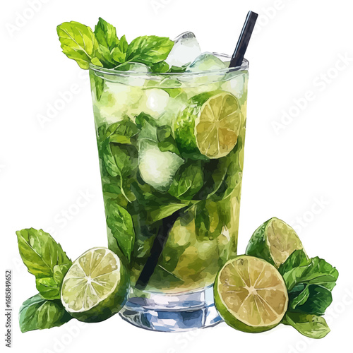 Mojito, watercolor clipart vector, isolated on a white background.