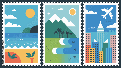 Stamps travel vacation tourism destination journey adventure cityscape nature sun