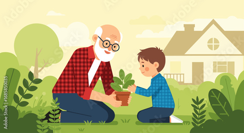 Grandfather and Grandson Planting a Tree Together