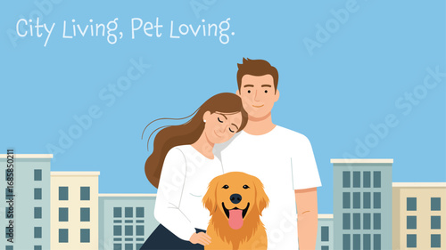 City Living, Pet Loving with young couple with golden retriever dog