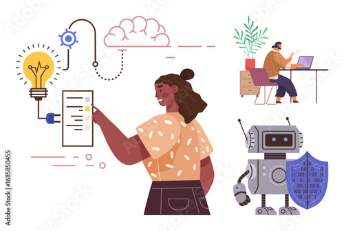 Woman selects options on virtual panel connected to technology icons. Robot stands with cybersecurity shield. Man works on laptop. Ideal for technology, innovation, AI, cybersecurity, automation
