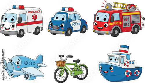 Cartoon vehicles, ambulance, police car, fire truck, airplane, bicycle, boat, smiling faces, kids transport illustration, emergency theme