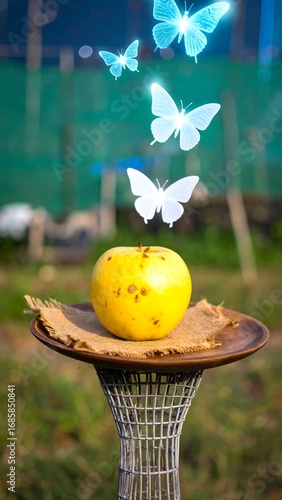 Yellow apple with glowing butterflies on a rustic stand