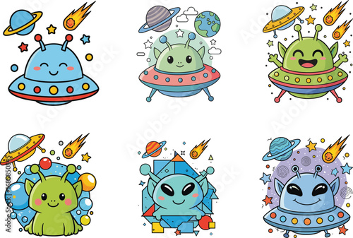 Cartoon aliens, flying saucers, colorful UFOs, space creatures, planets, stars, comets, cosmic theme, kids illustration, extraterrestrial adventure