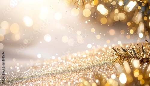 Glittery golden background with bokeh and holiday details. Soft focus, festive feel