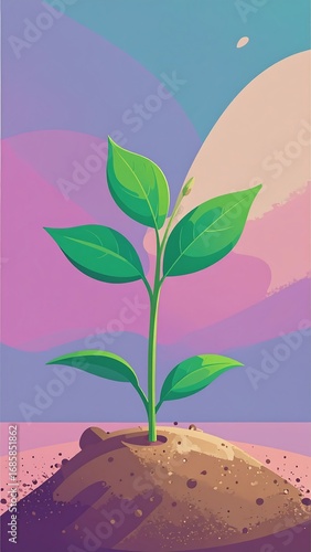 Small plant sprout, vibrant colors, pastel backdrop,  sunrise/sunset