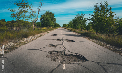 A cracked asphalt road with several potholes