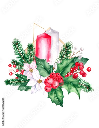 Watercolor Christmas arrangement with red and white candles, greenery, berries, and flowers