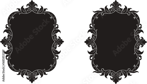ornate black frames with intricate floral designs and symmetrical patterns