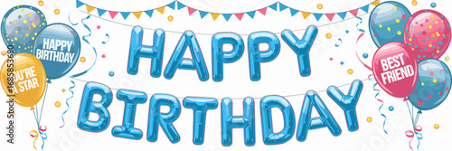 Birthday banner with colorful balloons and text on white background