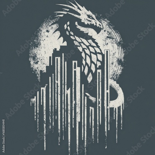 A digital graphic of a dragon's head with a paint drip effect. The image uses a mix of organic and geometric shapes.