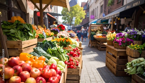 Outdoor market stalls overflowing with fresh produce and flowers