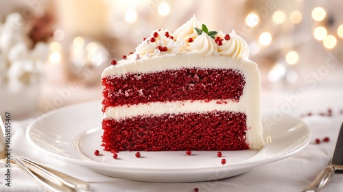 Delicious red velvet cake slice with frosting and sprinkles on white plate for Christmas