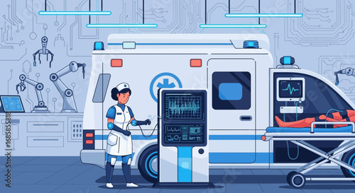 Futuristic Healthcare Illustration with Advanced Ambulance and Robot Assisted Nurse Design
