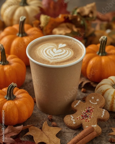 Coffee takeaway cup with latte art beside gingerbread man cookie and surrounded by pumpkins and autumn leaves