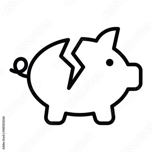 Broken piggy bank vector icon. Black outline symbol of financial loss, bankruptcy, or savings crisis for money management design.