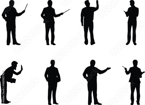 Silhouette people giving presentations, teaching, reading, explaining with gestures, business and education communication poses, CAD drawing flat vector illustration for professional training design