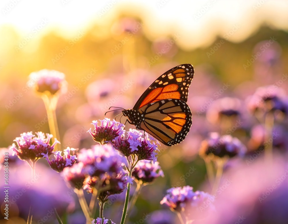 Fototapeta premium Monarch butterfly on purple flowers at sunset