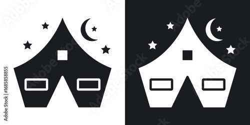Night camping icons vectors in solid black and white style