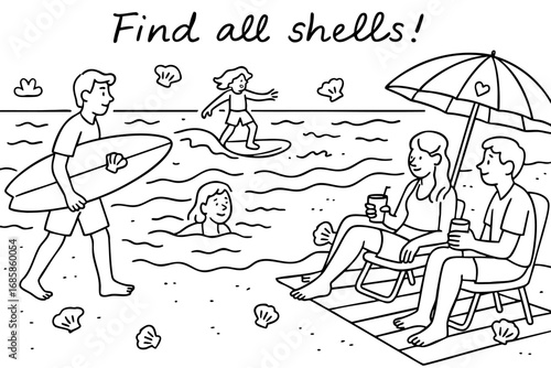 Summer scene with people swimming surfing and relaxing under umbrella including hidden shells for kids puzzle.