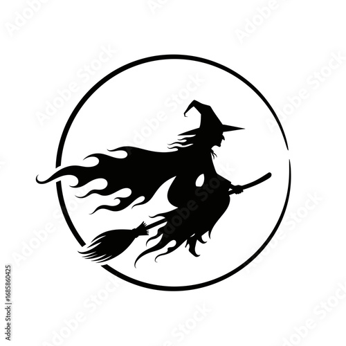 Vector art of silhouette of a witch flying on a broomstick in front of the moon