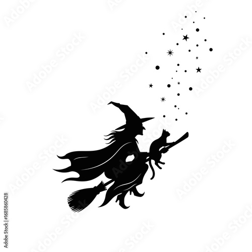 Vector art of silhouette of a witch flying on a broom with a cat
