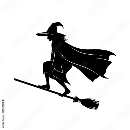 Vector art of a witch flying on a broomstick halloween concept, silhouette