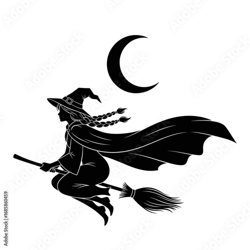Vector art of a witch flying on a broomstick under the moon halloween concept