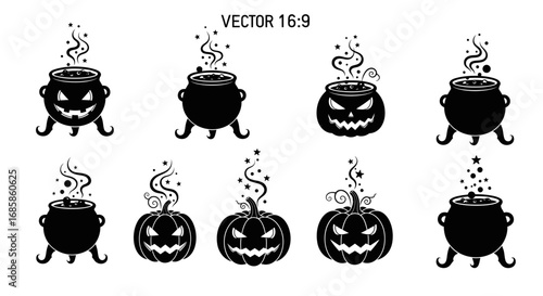 Vector art of collection of halloween cauldron and pumpkin silhouettes with spooky faces