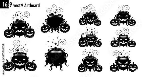 Vector art of spooky halloween cauldron and pumpkin silhouette collection for holiday designs
