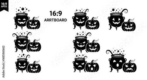 Vector art of halloween cauldron and pumpkin silhouette collection for holiday designs
