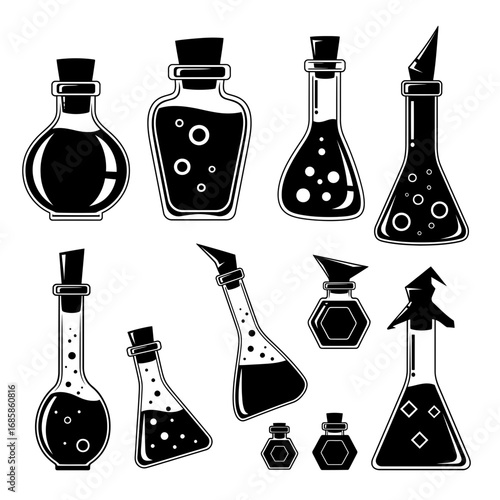 Vector art of collection of black and white potion bottles, perfect for halloween designs and magical themes