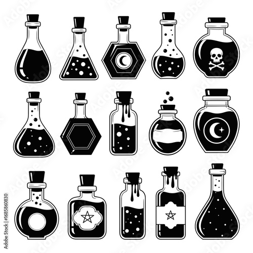 Vector art of collection of vintage potion bottles, perfect for halloween and magical designs