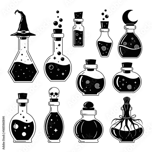 Vector art of collection of witch potion bottles, halloween magic elixir set, vector illustration