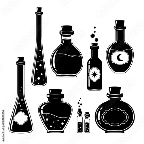 Vector art of collection of potion bottles in various shapes and sizes with cork stoppers