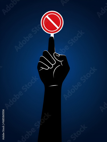 A bold red stop symbol with extended hand silhouette in white, set against a contrasting dark blue background, conveying prohibition or halt.