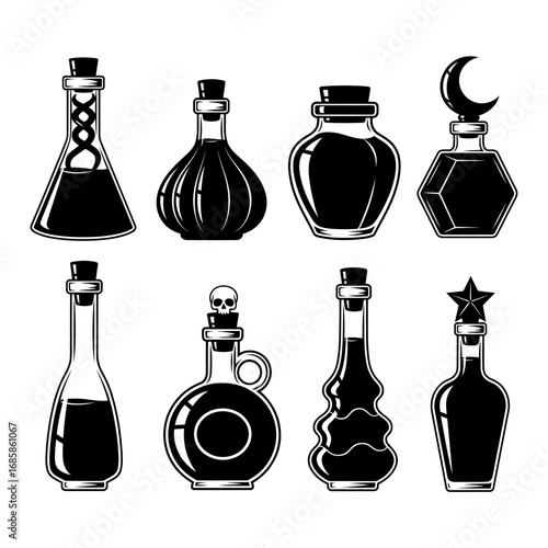 Vector art of collection of magical potion bottles, each with a unique shape and design