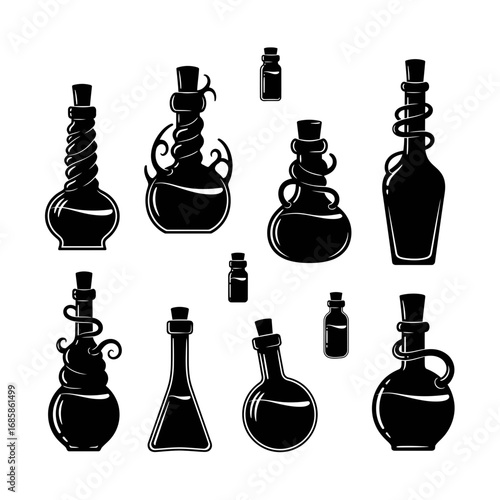 Vector art of collection of old magical potion bottles witchcraft elixir set of different shapes