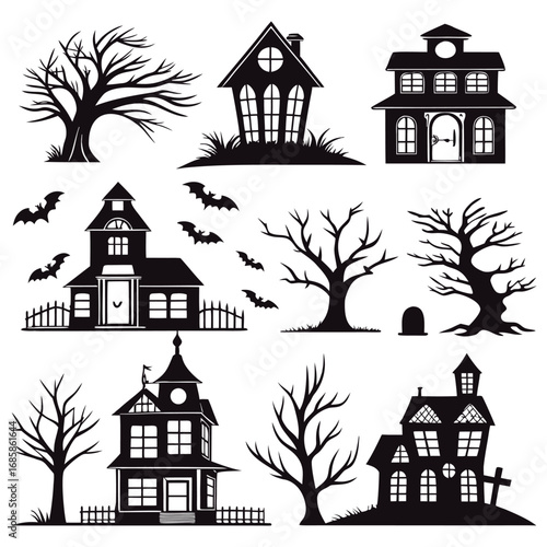 Collection of spooky halloween silhouettes featuring haunted houses and bare trees