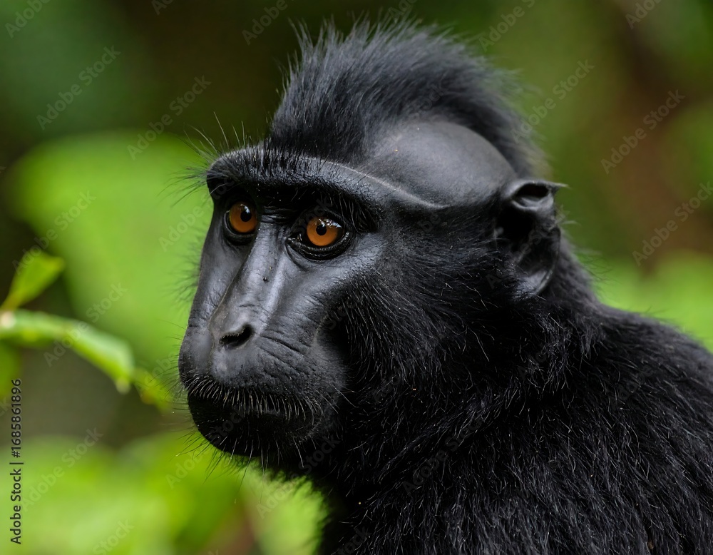 Obraz premium Close-up of a black monkey, intense gaze, jungle background