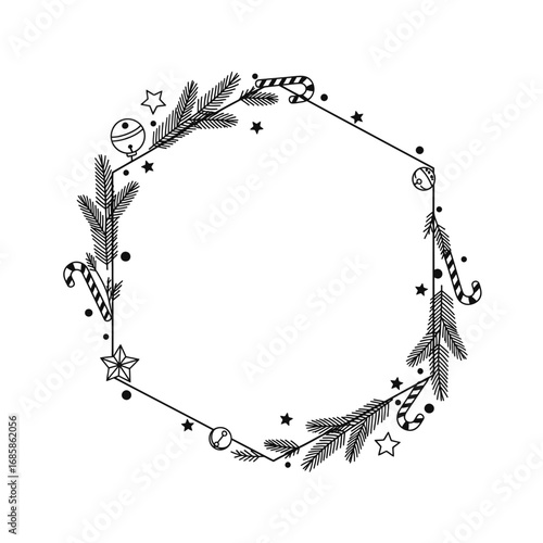 Vector art of festive christmas hexagon frame with candy canes, stars, and bells