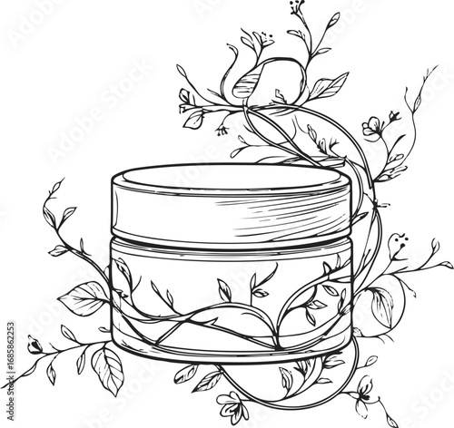Eco-friendly cosmetic jar wrapped with floral vines, black and white line art, clean minimal doodle style, elegant high-quality vector outline illustration 1