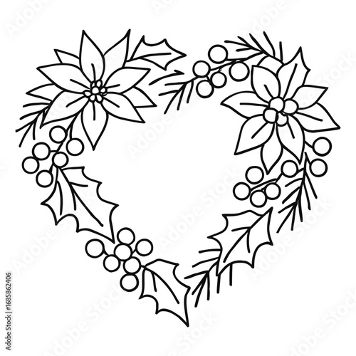 Vector art of heart shaped christmas wreath with poinsettia, holly and berries hand drawn vector illustration